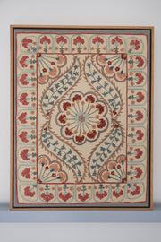 Framed suzani, embroidered textile art, wooden frame, white with blue and pink design