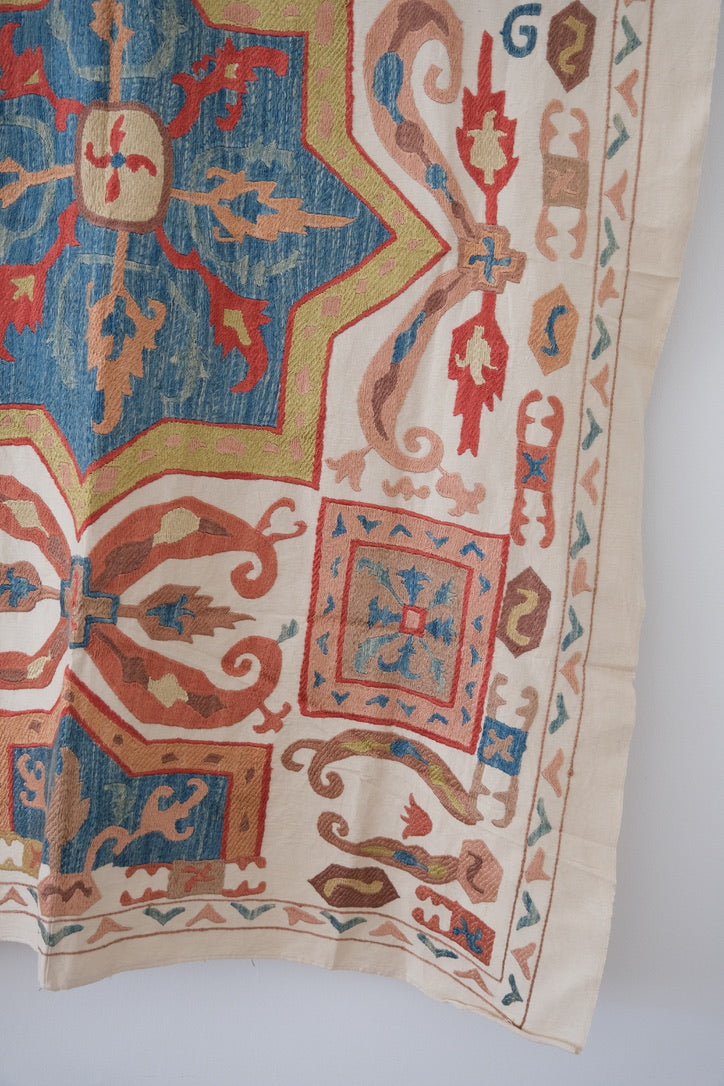 Medium-sized suzani, terracotta & blue geometric