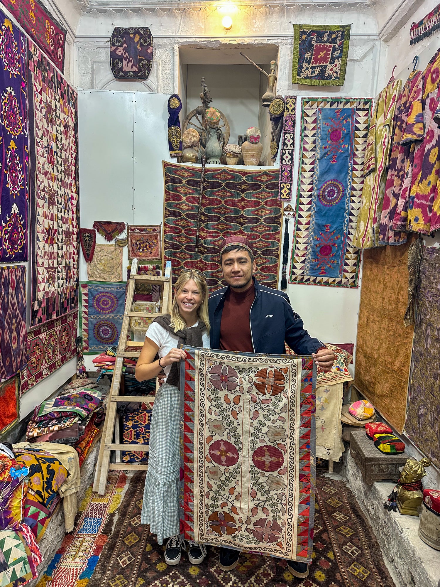 Textile sourcing at a shop in Bukhara, Uzbekistan